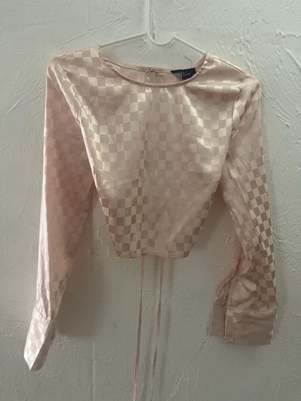 Milk and Honey Pink Checkered Satin Long Sleeve Open Tie Back Crop Top